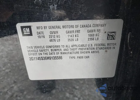 2017 Chevrolet Impala 2Lz из США, поврежденный, VIN 2G1145S36H9135586